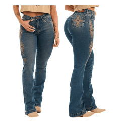 Calça Feminina Buphallos Jeans Stone Com Bordado Etnico Luxo Bootcut REF: BPL946