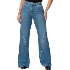 Calça Feminina Buphallos Jeans Wide Leg Com Tachas REF:1806