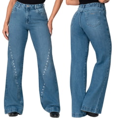 Calça Feminina Buphallos Jeans Wide Leg Com Tachas REF:1806 Calça Feminina Buphallos Jeans Wide Leg Com Tachas REF:1806