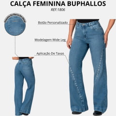 Calça Feminina Buphallos Jeans Wide Leg Com Tachas REF:1806