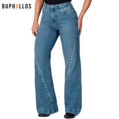 Calça Feminina Buphallos Jeans Wide Leg Com Tachas REF:1806