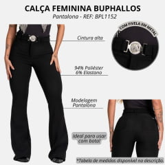 Calça Feminina Buphallos Preta De Crepe Pantalona Com Cinto E Fivela REF: BPL1152