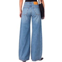 Calça Feminina Consciência Jeans Azul Médio Wide Hanger Com Recortes Ref:25774
