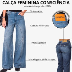 Calça Feminina Consciência Jeans Azul Médio Wide Hanger Com Recortes Ref:25774