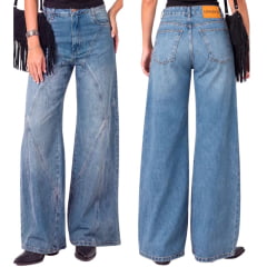 Calça Feminina Consciência Jeans Azul Médio Wide Hanger Com Recortes Ref:25774