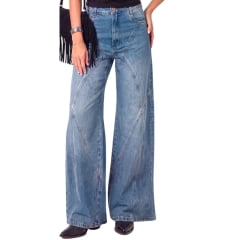 Calça Feminina Consciência Jeans Azul Médio Wide Hanger Com Recortes Ref:25774