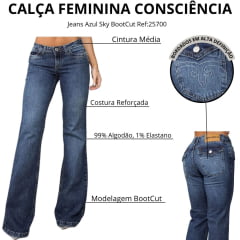 Calça Feminina Consciência Jeans Azul Sky Sujinho Bootcut Bordada Com Lapela Ref:25700