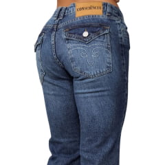 Calça Feminina Consciência Jeans Azul Sky Sujinho Bootcut Bordada Com Lapela Ref:25700