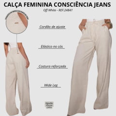 Calça Feminina Consciência Jeans Linho Wide Leg Relaxed Elástico No Cós Off White REF:24841