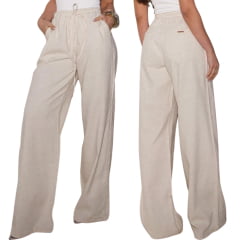 Calça Feminina Consciência Jeans Linho Wide Leg Relaxed Elástico No Cós Off White REF:24841