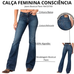 Calça Feminina Consciência Jeans Escura Com Bigode Bootcut Flare Com Cintura Baixa Ref:25760
