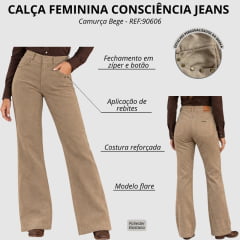 Calça Feminina Consciência Jeans Flare Camurça Bege Com Aplicação REF:90606
