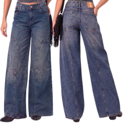 Calça Feminina Consciência Jeans Sujinha Escura Wide Relaxed Com Recorte e Bolsões Ref:25699