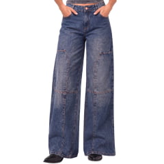 Calça Feminina Consciência Jeans Sujinha Escura Wide Relaxed Com Recorte e Bolsões Ref:25699