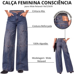 Calça Feminina Consciência Jeans Sujinha Escura Wide Relaxed Com Recorte e Bolsões Ref:25699