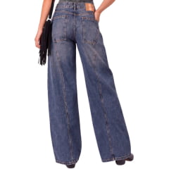 Calça Feminina Consciência Jeans Sujinha Escura Wide Relaxed Com Recorte e Bolsões Ref:25699