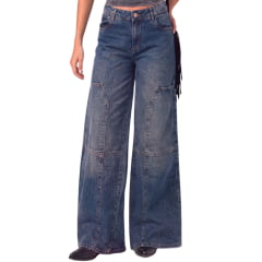 Calça Feminina Consciência Jeans Sujinha Escura Wide Relaxed Com Recorte e Bolsões Ref:25699