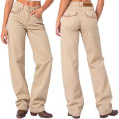 Calça Feminina Consciência Jeans Wide Leg Caqui Claro Com Lapela Alinhavada Bege Escuro- Ref:25684