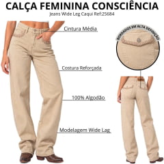 Calça Feminina Consciência Jeans Wide Leg Caqui Claro Com Lapela Alinhavada Bege Escuro- Ref:25684