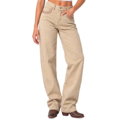 Calça Feminina Consciência Jeans Wide Leg Caqui Claro Com Lapela Alinhavada Bege Escuro- Ref:25684