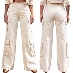 Calça Feminina Consciência Jeans Wide Leg Relaxed Cargo Jeans Off White REF:25083