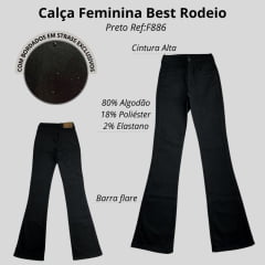 Calça Feminina Country Best Rodeio Preta Flare Com Pedraria Preta Ref:F866