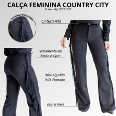 Calça Feminina Country City Duda Preto Barra Flare Com Franjas Ref: CFD21372