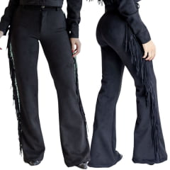 Calça Feminina Country City Duda Preto Barra Flare Com Franjas Ref: CFD21372