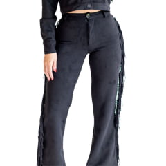 Calça Feminina Country City Duda Preto Barra Flare Com Franjas Ref: CFD21372