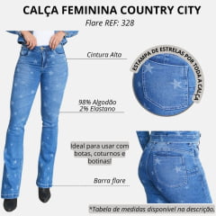 Calça Feminina Country City Jeans Azul Médio Com Desenho De Estrelas Flare REF: 328 Star