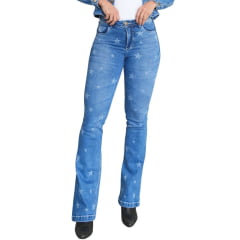 Calça Feminina Country City Jeans Azul Médio Com Desenho De Estrelas Flare REF: 328 Star