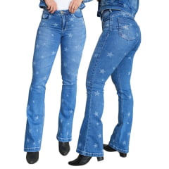 Calça Feminina Country City Jeans Azul Médio Com Desenho De Estrelas Flare REF: 328 Star