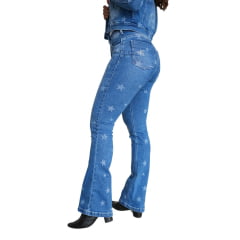 Calça Feminina Country City Jeans Azul Médio Com Desenho De Estrelas Flare REF: 328 Star