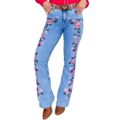 Calça Feminina Country City Jeans Delavê Bootcut Bordado Rosas Ref: DANI CBD2042