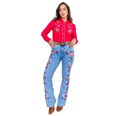 Calça Feminina Country City Jeans Delavê Bootcut Bordado Rosas Ref: DANI CBD2042