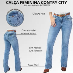 Calça Feminina Country City Jeans Isa Azul Marmorizada Bordado Barra Flare Ref:CB12113