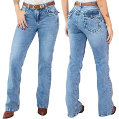 Calça Feminina Country City Jeans Isa Azul Marmorizada Bordado Barra Flare Ref:CB12113 Calça Feminina Country City Jeans Isa Azul Marmorizada Bordado Barra Flare Ref:CB12113