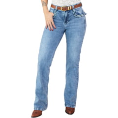 Calça Feminina Country City Jeans Isa Azul Marmorizada Bordado Barra Flare Ref:CB12113