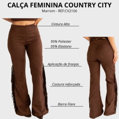 Calça Feminina Country City Virginia Marrom Com Franjas Na Lateral E Barra Flare REF:CV2106