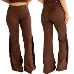 Calça Feminina Country City Virginia Marrom Com Franjas Na Lateral E Barra Flare REF:CV2106