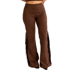 Calça Feminina Country City Virginia Marrom Com Franjas Na Lateral E Barra Flare REF:CV2106