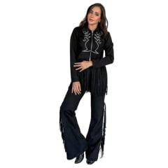 Calça Feminina Country City Virginia Preto Com Barra Flare E Franjas Na Lateral Ref:CV2106