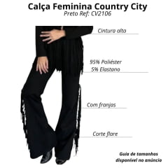 Calça Feminina Country City Virginia Preto Com Barra Flare E Franjas Na Lateral Ref:CV2106