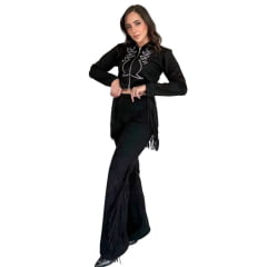 Calça Feminina Country City Virginia Preto Com Barra Flare E Franjas Na Lateral Ref:CV2106