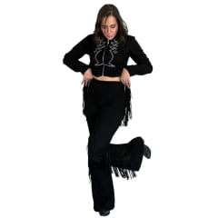 Calça Feminina Country City Virginia Preto Com Barra Flare E Franjas Na Lateral Ref:CV2106