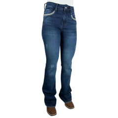 Calça Feminina Flare Miss Country Jeans Azul Escuro Com Bordado No Bolso Ref.1046