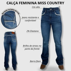 Calça Feminina Flare Miss Country Jeans Azul Escuro Com Bordado No Bolso Ref.1046