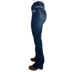 Calça Feminina Flare Miss Country Jeans Azul Escuro Com Bordado No Bolso Ref.1046