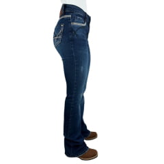 Calça Feminina Flare Miss Country Jeans Azul Escuro Com Bordado No Bolso Ref.1046