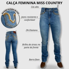 Calça Feminina Flare Miss Country Jeans Azul Médio Com Bordado No Bolso E Brilho Ref.1043